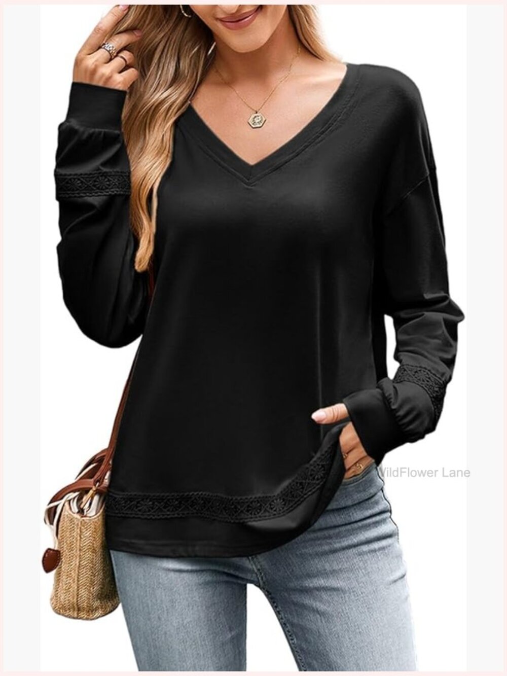 Dressy Casual Long Sleeve V Neck Lace Embroidered Blouse